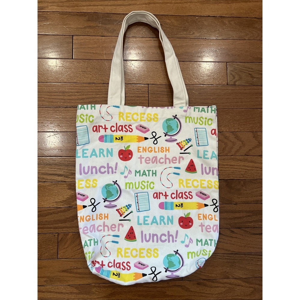 Teacher School Canvas Tote Bag Learn Lunch Recess Apple Classroom Book Bag